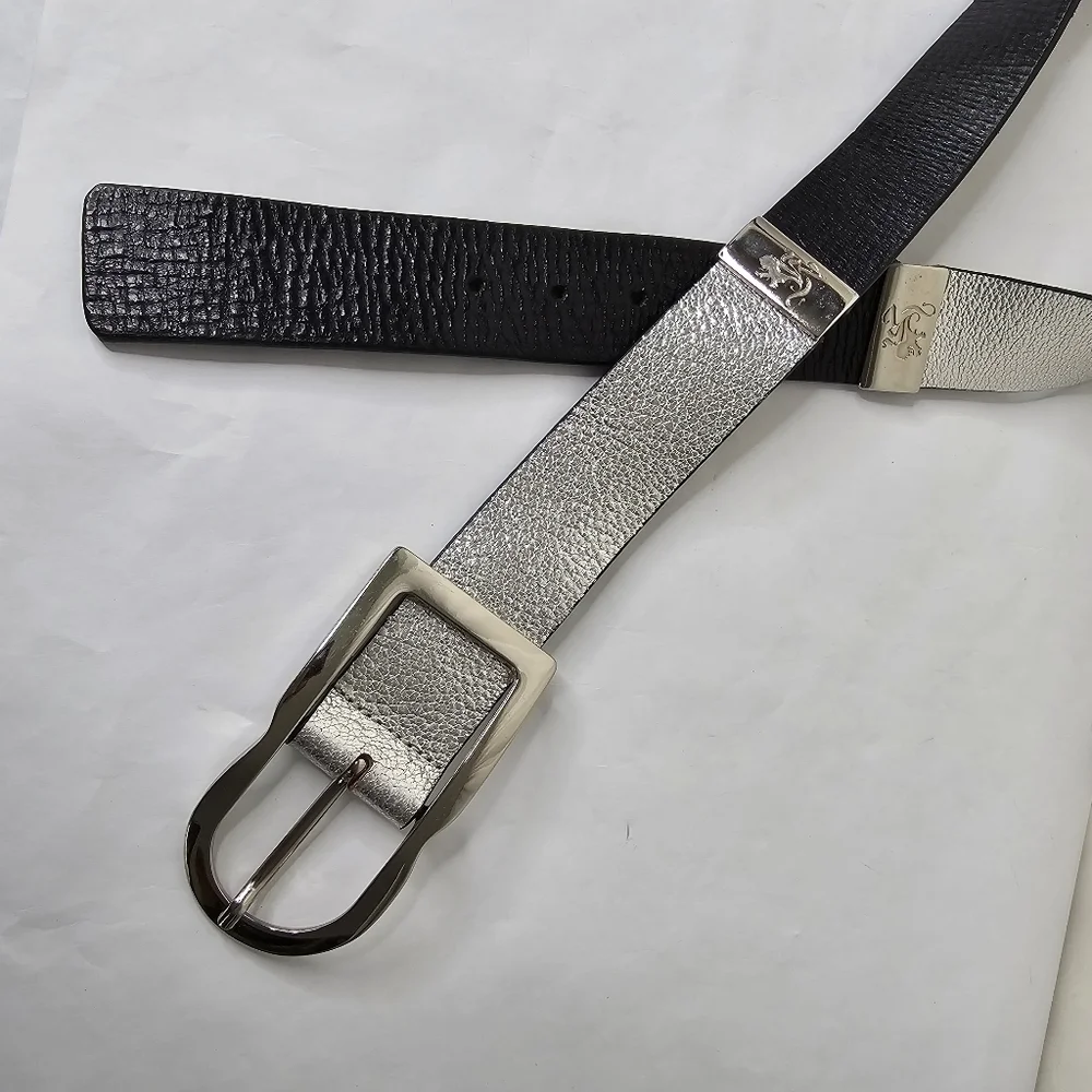Otto Kern Silver, Black & Metal Leather Belt Large Silver Buckle